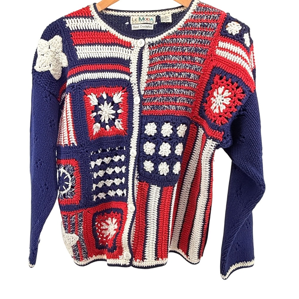 Le Moda Knitwear‎ L Hand Crocheted Patriotic Cardigan Sweater USA Flag Americana
